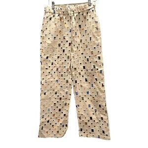 Refuse to Be Usual Pants Mens Large Cream Multicolor Cutout Floral Lined Artwear